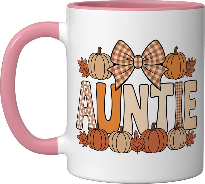 Autumn Auntie Pumpkin Fall Harvest Aesthetic Auntie Autumn Bow Pumpkin Spice Fall Thanksgiving Aunt Ceramic Mug, Pink/White