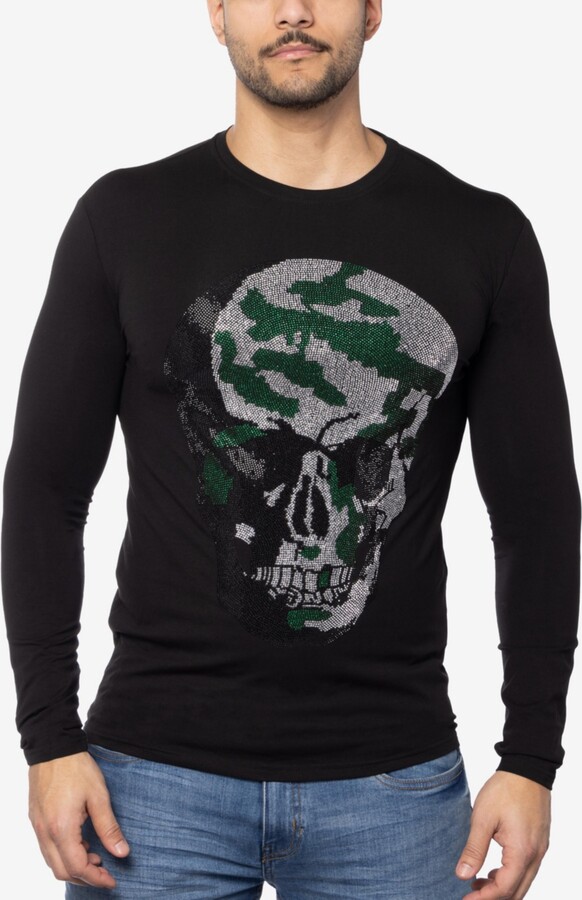 Spring+Mercer Men's Camo Skull Rhinestone Graphic Long Sleeves T-Shirts