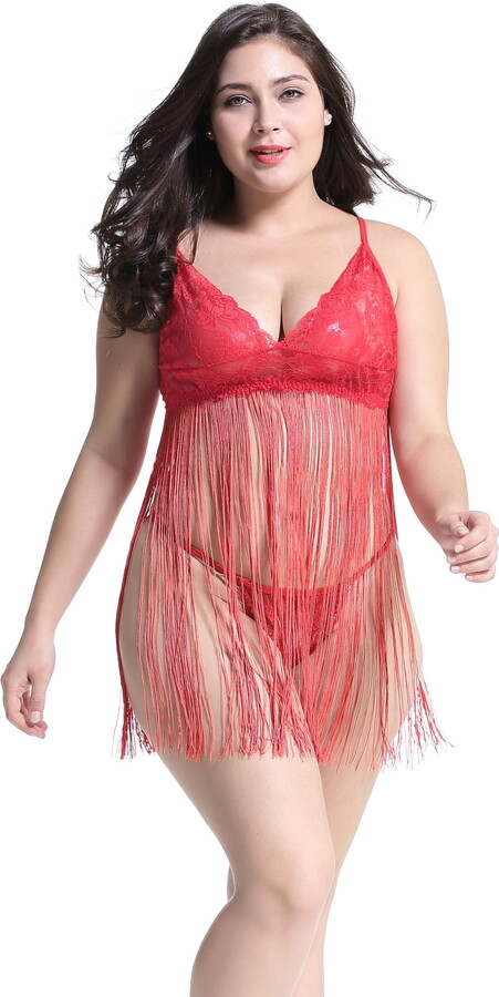 Anyou Women Babydoll Sexy Lingerie Sleepwear Lace Chemises Outfits with Tassels Red S