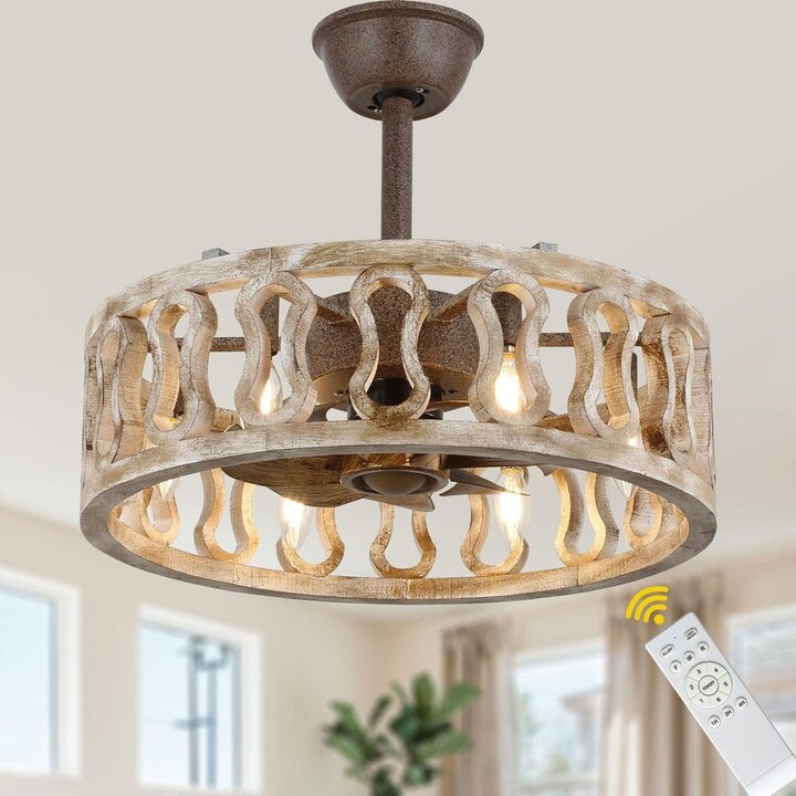 Bella Depot Farmhouse 18 in. Indoor Rustic Wood Beige Caged Ceiling Fan with Light and Remote