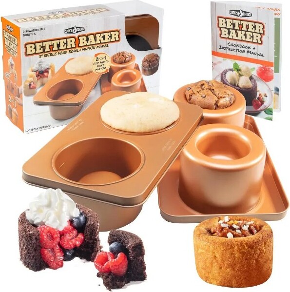 Cooks Choice 2-In-1BetterBakerEdibleFoodBowl&MuffinMakerwRecipeCookbook-Two5"BowlsorCupcakes-Double-SidedNon-StickPan-ChristmasHolidayDinner