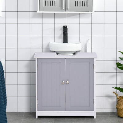 Under Sink Storage Cabinet, Bathroom With U-shape Notch. White And Gray. Expands Options. Adjustable Shelf. Robust Construction. 23.5"x12.09"x23.5". S