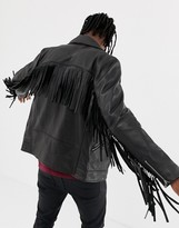 Thumbnail for your product : ASOS Design DESIGN leather biker jacket with tassel detail in black
