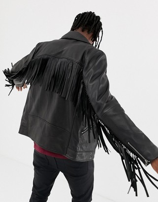 ASOS Design DESIGN leather biker jacket with tassel detail in black