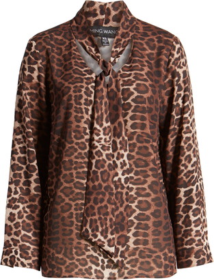 Ming Wang Leopard Print Tie Neck Shirt
