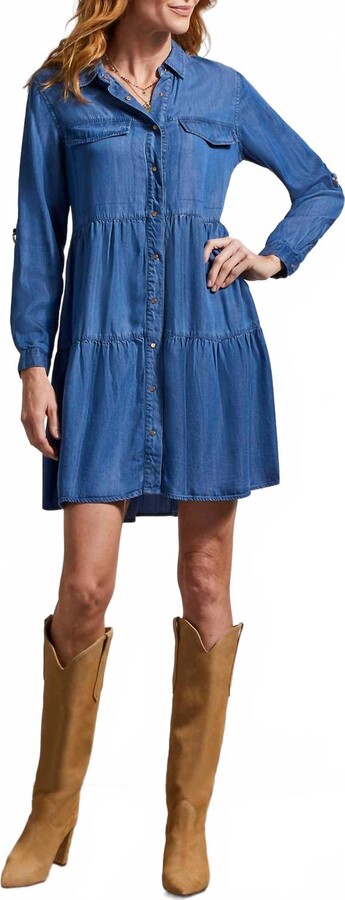 Chambray Roll Sleeve Dress In Blue