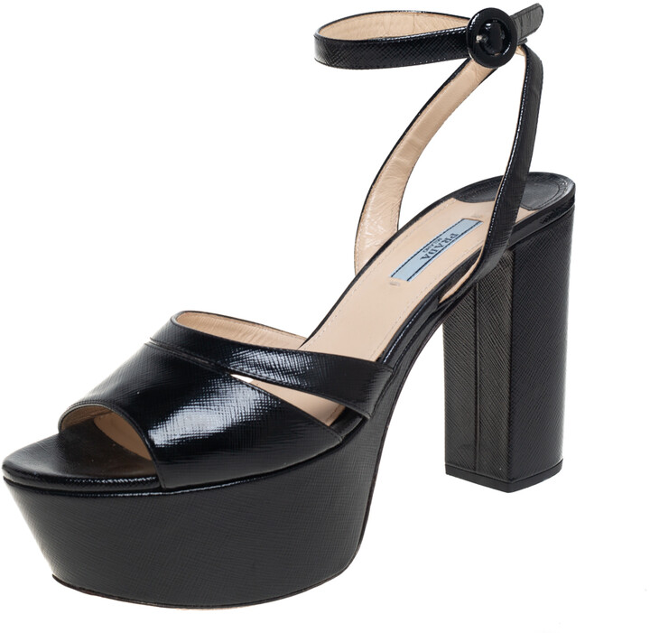 Women's Platform Block Heels Sandals Ankle Strap Patent Leather Slingback Shoes