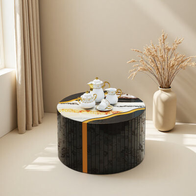 Latitude Run Round Mirror Coffee Table Cylindrical Glass With Powder Mirror Effect Marble Pattern Sticker Side Table Modern Home Decor Compact Living Space