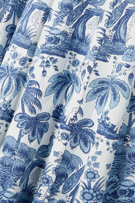 STAUD Wells Pleated Printed Stretch-cotton Poplin Midi Dress - Blue