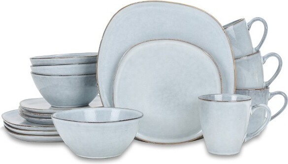 Elanze Designs ElanzeDesigns16-PieceModernChicSmoothHandmadeShapeHighGlossCeramicStonewareKitchenDinnerware16PieceSet-Servicefor4IceBlue