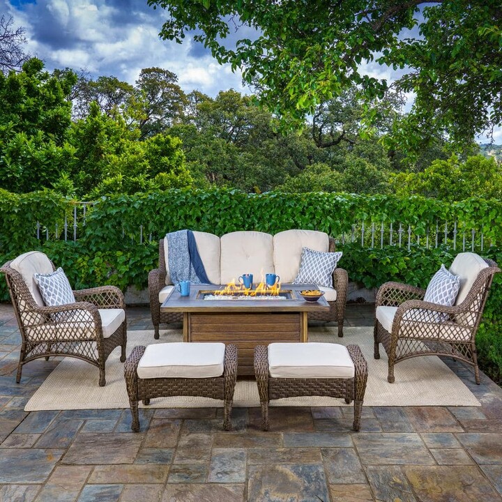 Tortuga Outdoor Rio Vista 7-Piece Outdoor Fire Pit Table and Patio Sofa Set with Cushions (Wicker Chairs, Sofa, Ottomans and Fire Table)