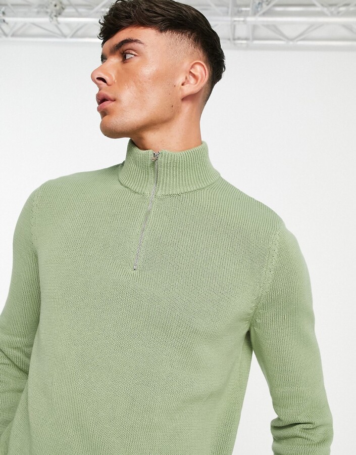 ASOS DESIGN midweight half zip cotton sweater in sage - ShopStyle