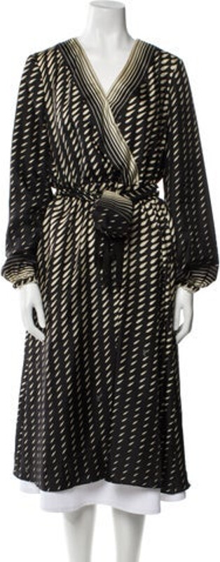 Gucci Silk Tent Dress By Alessandro Michele Black Striped Fringe Trim Accent Long Sleeve with V-Neck Sash-Tie Closure at Front Designer