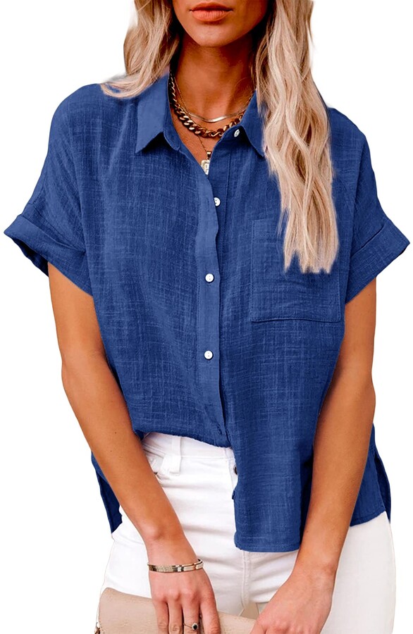 Fueri Womens Long Sleeve Shirt Oversized V Neck Blouse Button Down Shirt Casual Loose Summer Tops 