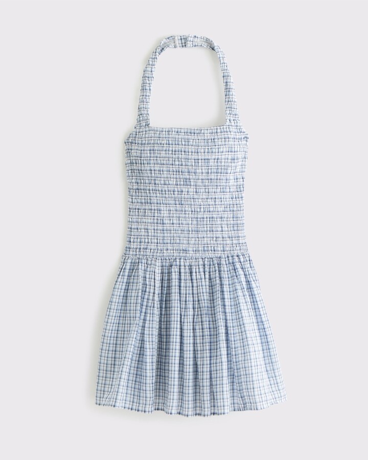 Abercrombie & Fitch Women's Drop-Waist Smocked Mini Dress in Navy Plaid - Size L PETITE