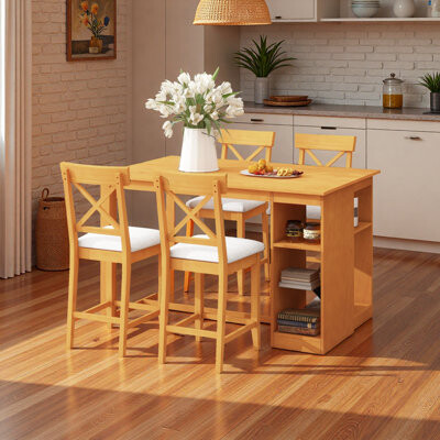 Lark Manor Farmhouse Counter Height Dining Table Set With Storage Shelves 5-piece Kitchen Set With 4 Chairs Brown