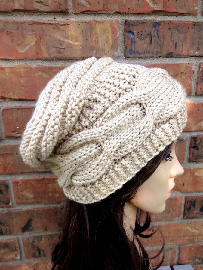 Etsy Hand Knitted Cable Slouchy Hat. Buff | Beige Or 43 Colors. Worm Beanie. Women's Warm Autumn Fall Winter Accessory