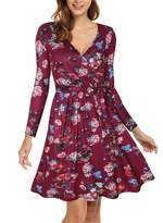 Thumbnail for your product : IHOT Women's V Neck Printed Long Sleeve Unique Cross Wrap Casual Flared Midi Dress