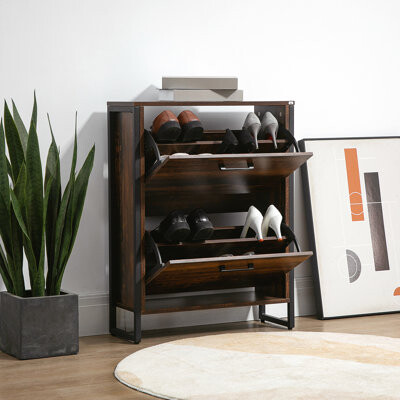 17 Stories Rustic Brown Shoe Storage, 12 Pairs - Industrial Cabinet With 2 Flip Doors For Narrow Hallway, Space Efficient & Container, Entryway Doors, Saving Rob