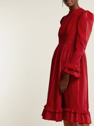 Batsheva Ruffle Velvet Prairie Midi Dress - Red