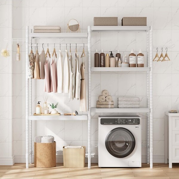 Jojoka DoubleRowOverWasherandDryerStorageShelves5-TierLaundryRoomOrganizationandStorageShelveswithAdjustableHeight