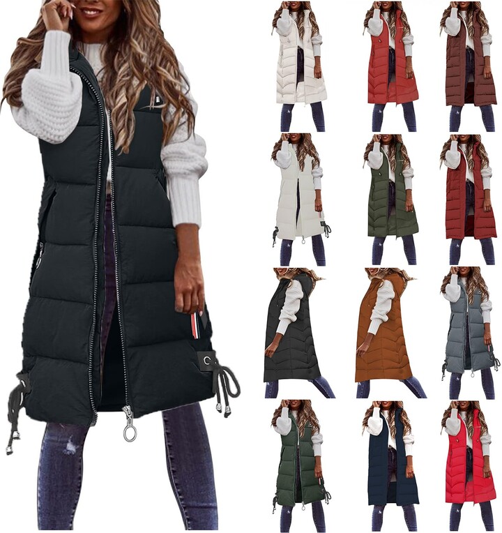 Yrkcah Womens Long Gilets Hooded Quilted Gilet Vest Ladies Body Warmer ...