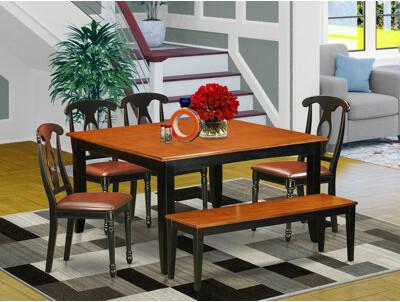 Canora Grey 6-Piece Square Black & Cherry Finish Solid Wood Top dining Table with 1-Bench and 4-Chairs with Lattice Back