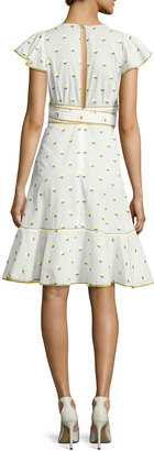 Marc Jacobs Printed Voile Ruffle-Sleeve Dress, White Pattern