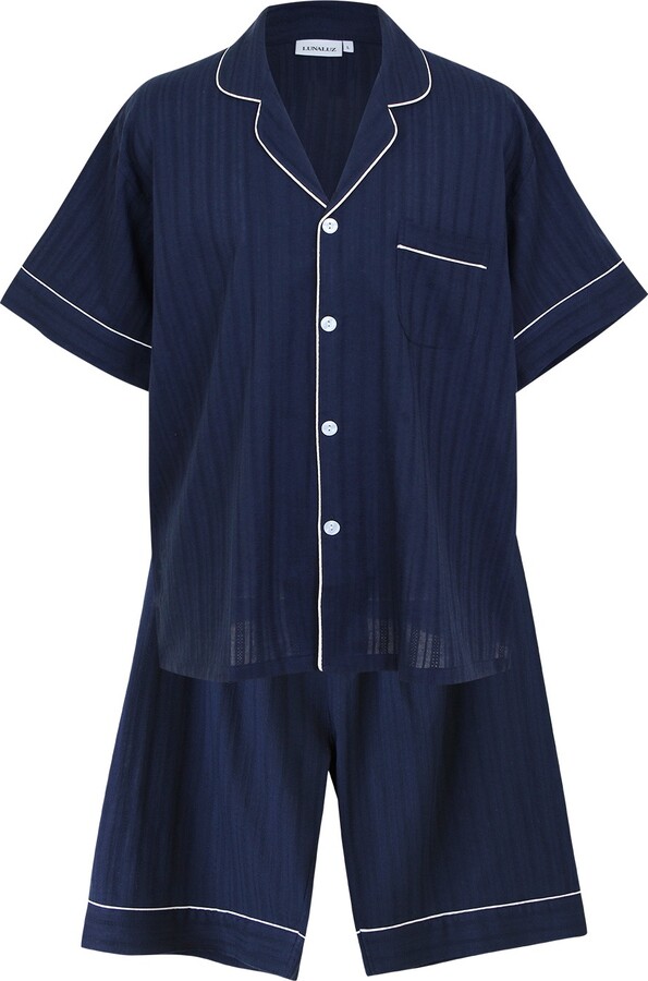 Luna Luz Blue Men Le Blanc Textured Cotton Short-Sleeve Pajama Set – Navy