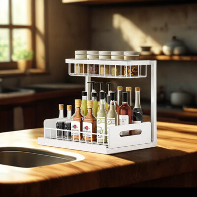 Rebrilliant Under Sink Organizer 2-Tier Pull Out Drawer, Heavy Duty Steel Bathroom And Kitchen Cabinet Storage Shelf With Sliding Basket, Maximizes Space, Tool-Fr