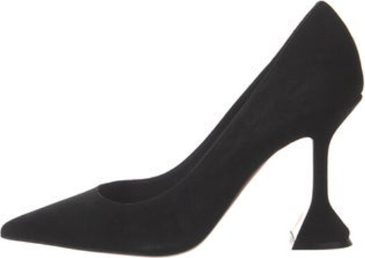Amina Muaddi Ami Pumps Black Suede Leather Trim Crystal & Bow Accents Pointed-Toes