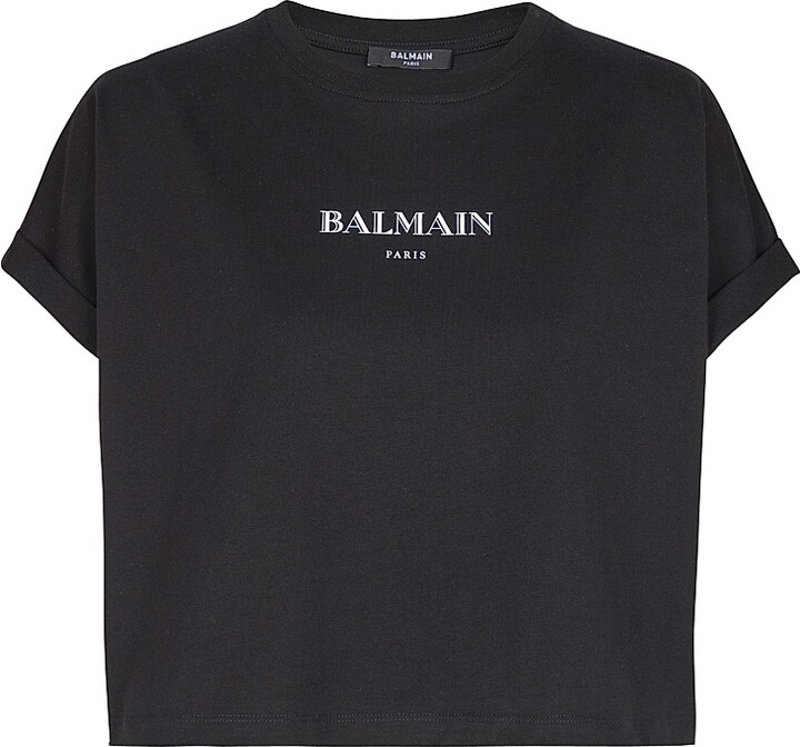 Balmain Women's Logo Cropped T-Shirt - White Black - Size Large