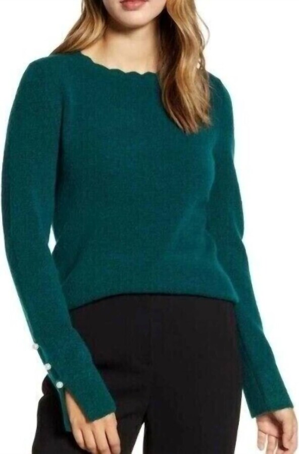 Rachel Parcell Scallop Crew Neck Sleeve Pullover Sweater In Green