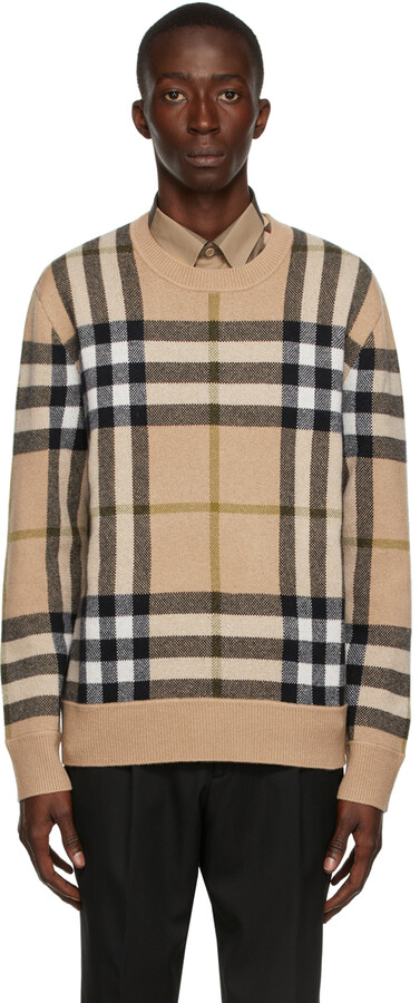 Verdikken te veel bundel Burberry Beige Cashmere Check Jacquard Sweater - ShopStyle
