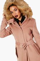 Thumbnail for your product : boohoo Quinn Faux Fur Trim Hood Belted Coat