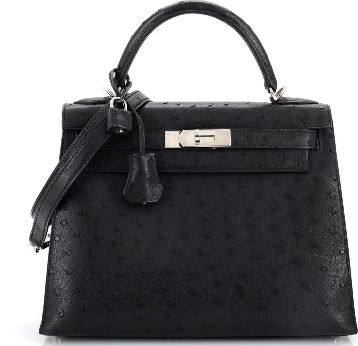 Hermes Kelly Handbag Noir Ostrich with Palladium Hardware 28 - ShopStyle  Satchels & Top Handle Bags