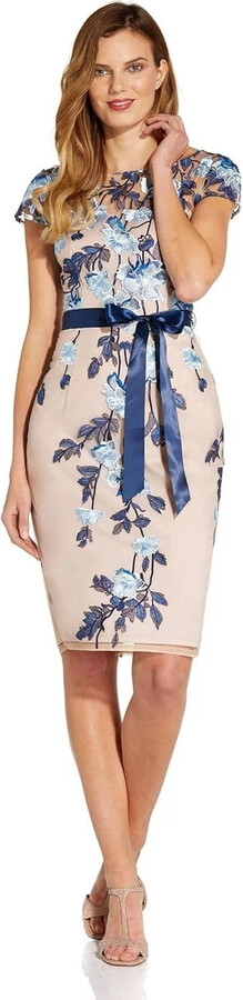 Adrianna Papell Dress Womens Beige Floral Embroidered Tie Waist Sheath RED649