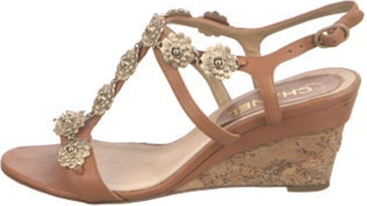 Chanel Leather T-Strap Sandals Brown Interlocking CC Logo & Camellia Accent Straps & Buckle Closure at Ankles Designer