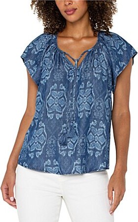 Liverpool Los Angeles Woven Printed Split V-Neck Cap Sleeve Tie-Front Top