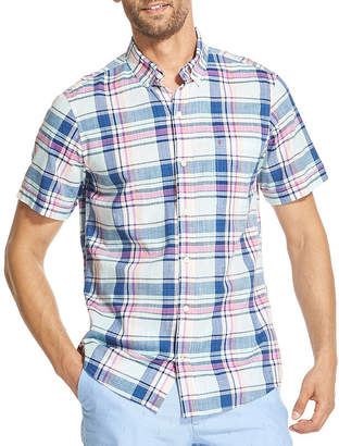 Izod Chambray Mens Short Sleeve Plaid Button-Front Shirt