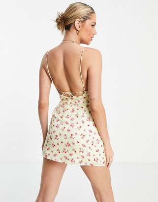 Bershka satin floral print dress in lemon with lace up back - ShopStyle