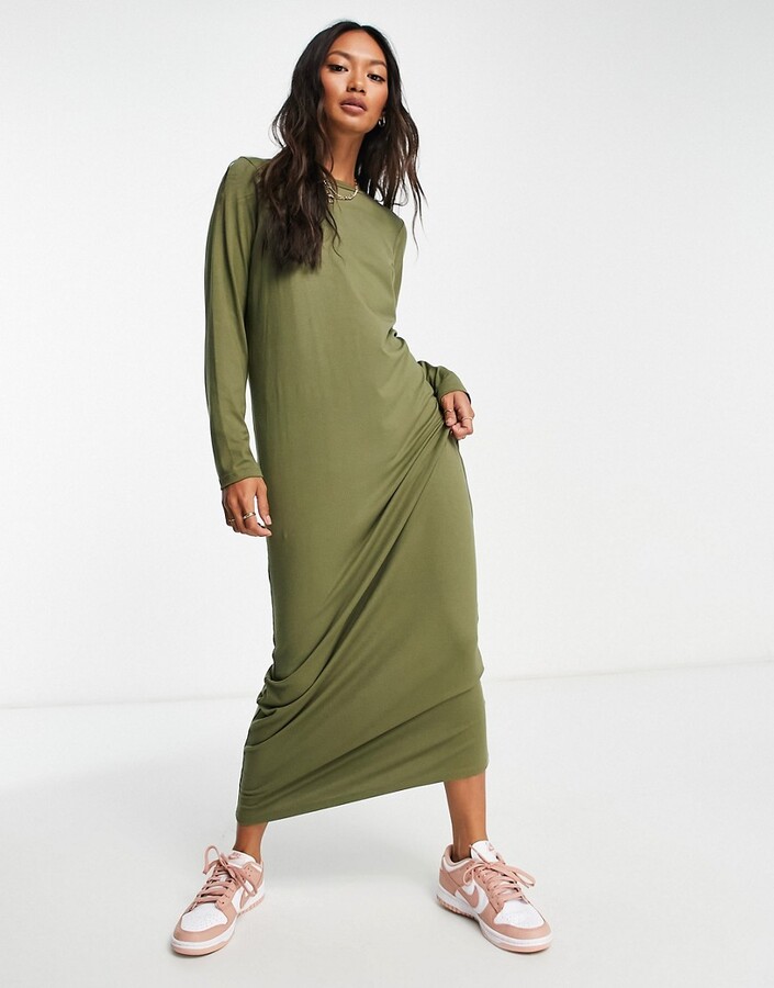 Khaki Long Sleeve Maxi Dress | ShopStyle