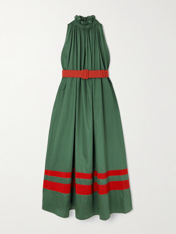 MARTA FERRI Camogli Belted Ruched Grosgrain-trimmed Cotton-poplin Halterneck Midi Dress - Green
