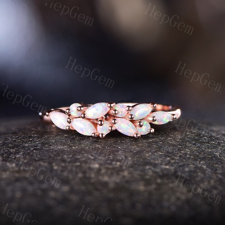 Marquise Cut Fire Opal Wedding Band, 14K Rose Gold Stackable Ring, Personalized Otc Birthstone Ring, Opal Band, Birthday Gift For Women