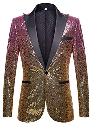MTFITNESS Men Stylish Gradual Change Gold Purple Blue Pink Green Sequins Suit Jacket Party Wedding Banquet Nightclub Singers Blazer