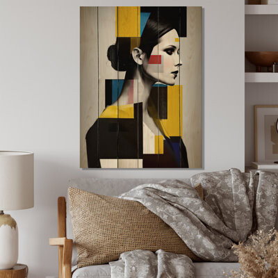Ivy Bronx Ellarie Cubist Profile In Yellow And Black On Wood Print