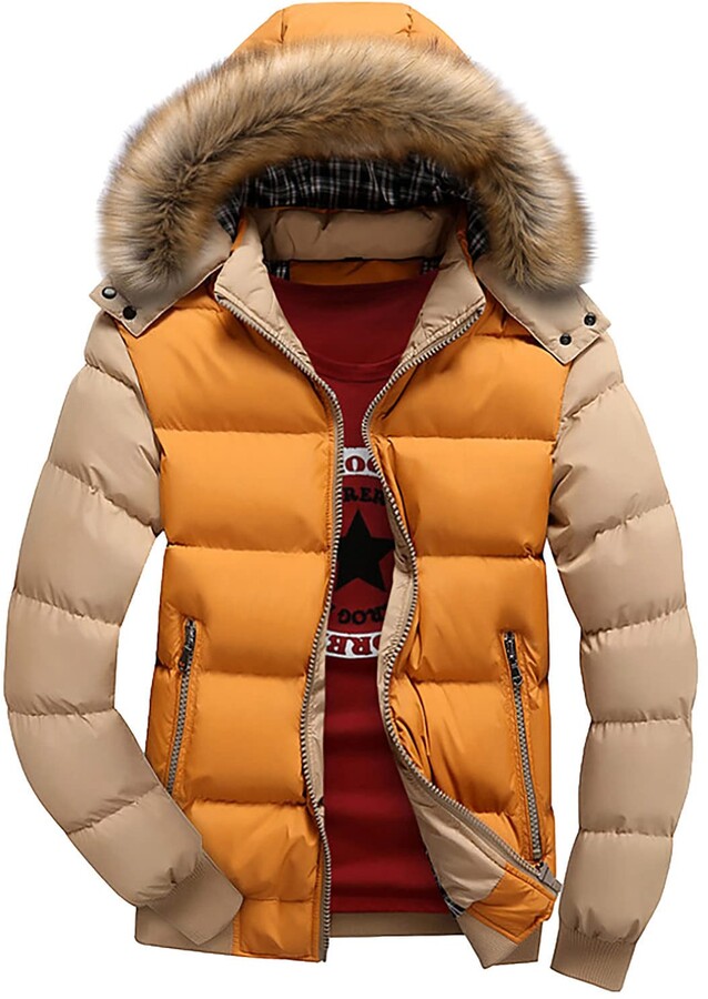 RMBLYfeiye Men's Quilted Jacket Casual Down Jackets with Fur Collar Hood Warm Colour Block