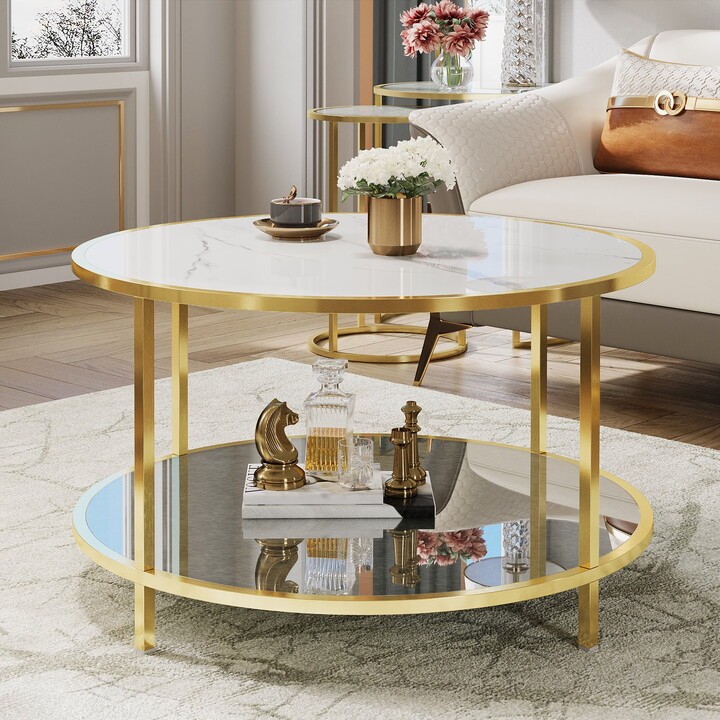 Dextrus White Marble Round Coffee Table, Mid-Century Modern Glass Center Table with Storage