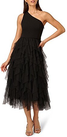 Adrianna by Adrianna Papell Crepe Knit One Shoulder Sleeveless Ruffle Mesh A-Line Gown