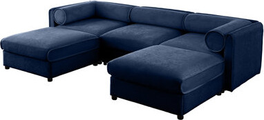 KAQCVIN Chenille Sofa With Storage Seat And Ottoman, U-Shaped 3-Seater Cylindrical Backrest And Armrests